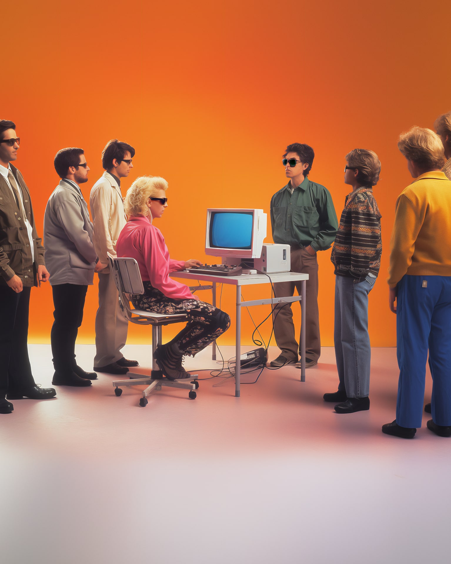 a bunch of weirdos dressed in 90s apparel standing around an old computer