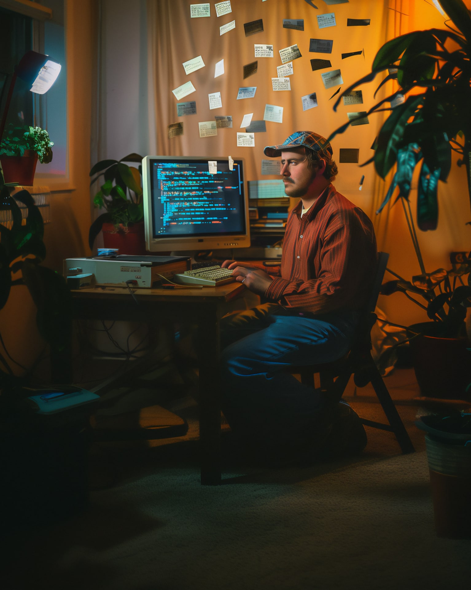 a man wearing a red striped button up, jeans, and a hat sitting in front of a computer in a dark room filled with plants trying to type code