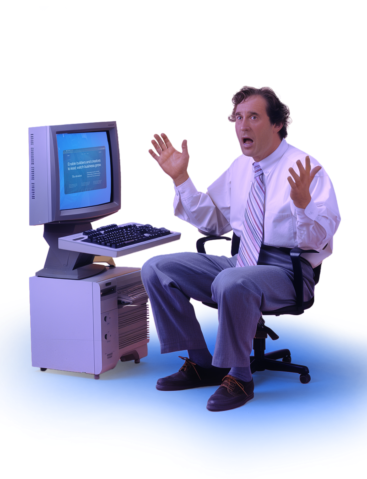 90s corporate office worker sitting in front of an old computer with hands in the air and blame.design up on the screen